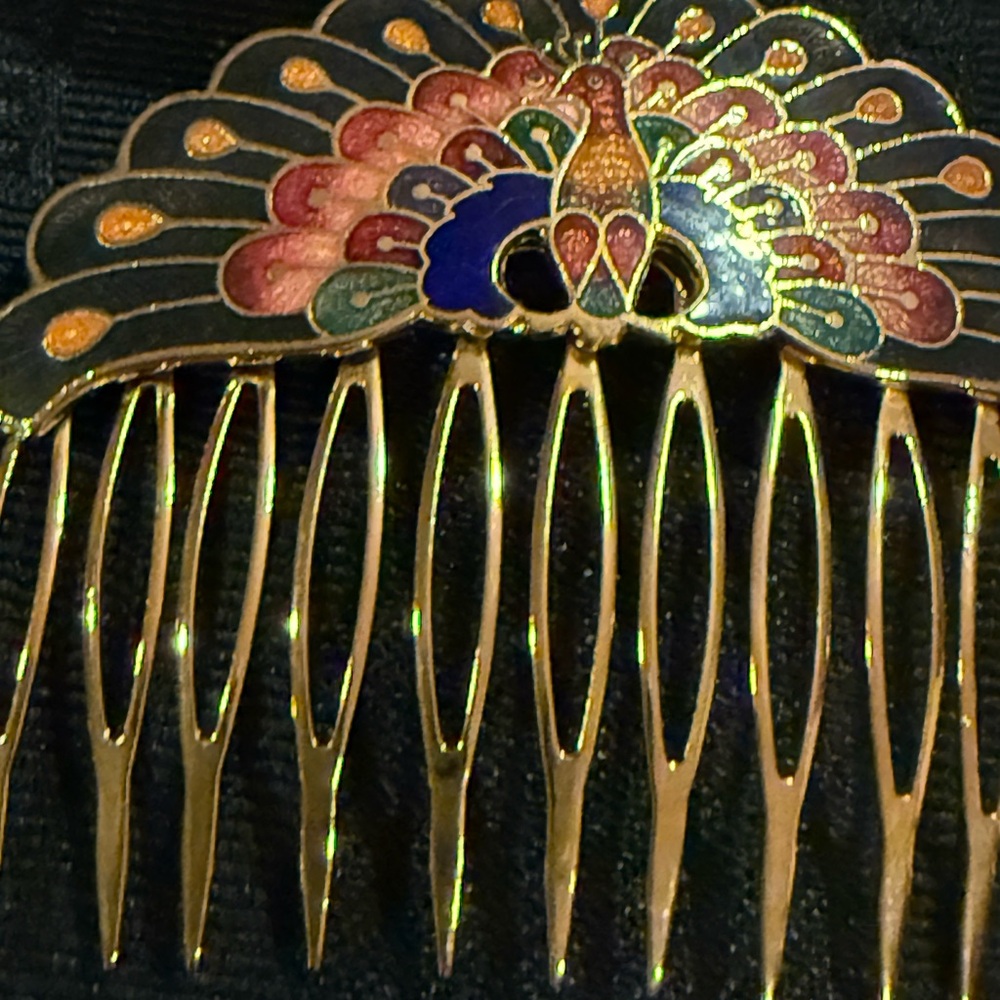 Vintage Guilloche Hair Comb Peacock Gold and Multicolor NEW - Picture 4 of 5